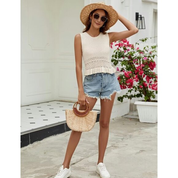 Women Knit Crop Sweater Vest Tank Top 100% Viscose Ruffle Hem Casual Chic - Picture 5 of 5